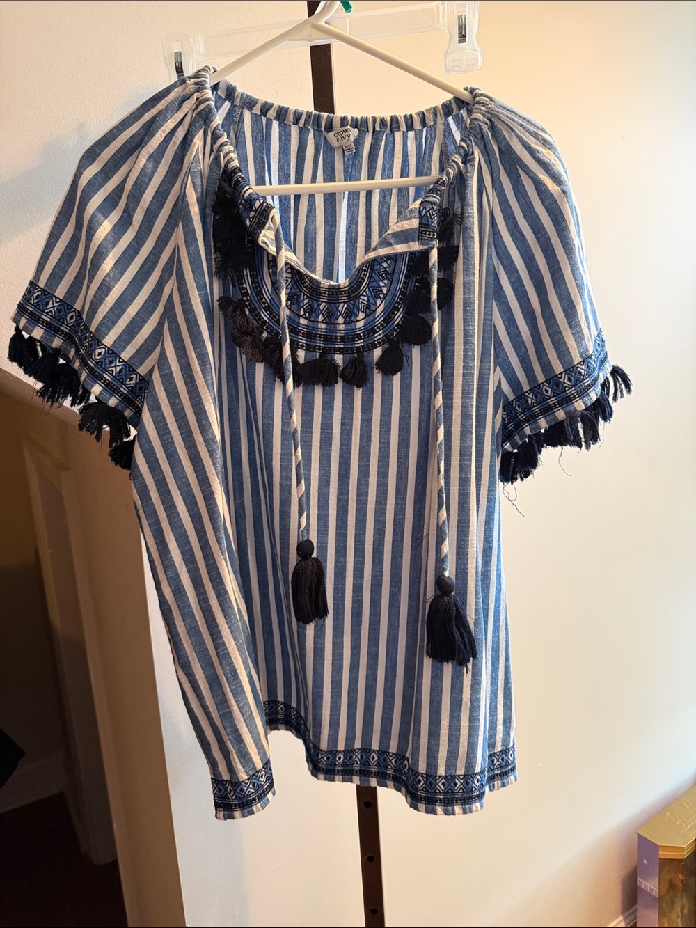 crown & ivy Blue and White Striped Tassel Peasant Blouse